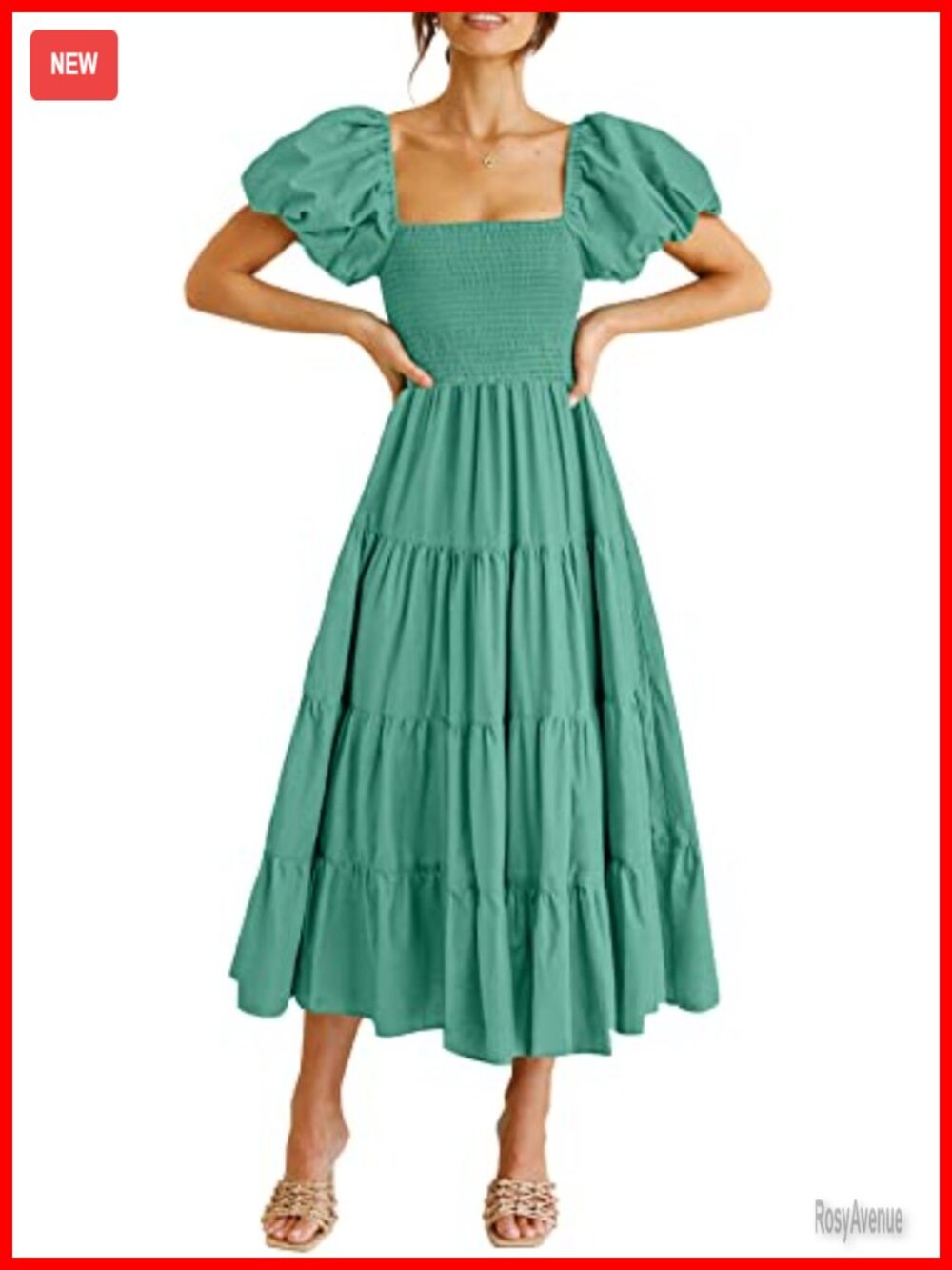 PRETTYGARDEN Women's Smocked Midi Dress A-Line Square Neck Short Sleeve Tiered